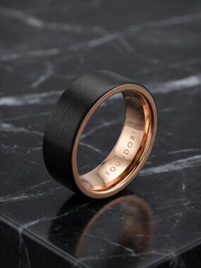 Foundoria Aurin Black Tungsten Ring With Rose Gold Mens Size 10